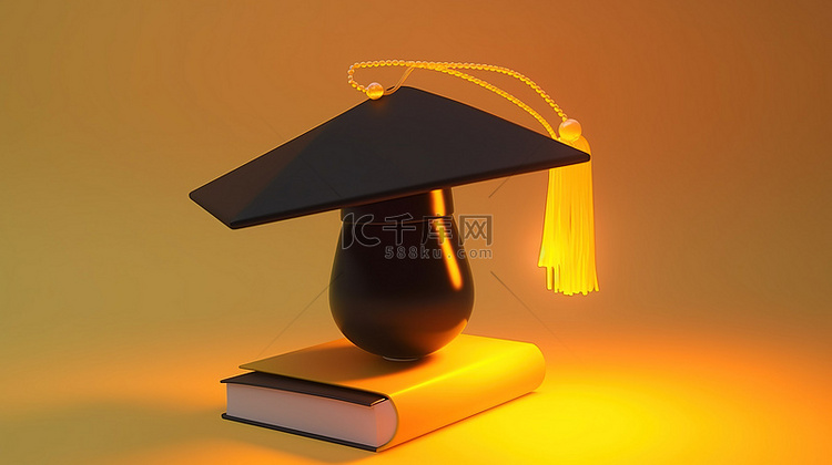带有 3D 渲染毕业帽的黄色灯泡