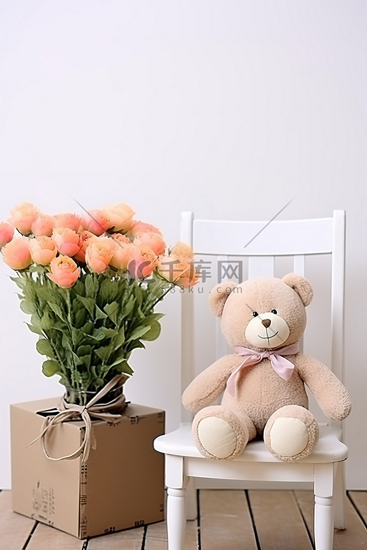 一只粉红色的泰迪熊坐在鲜花旁的
