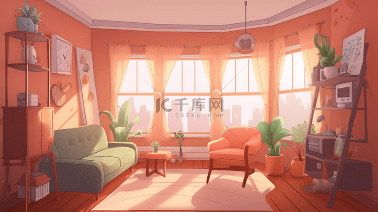 客厅阳光家具温馨卡通背景