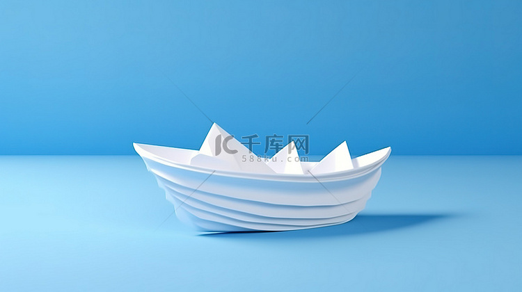 蓝色背景上的 3D 渲染白船纸