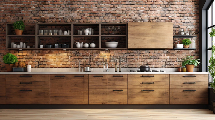 光滑的木制厨柜靠在砖墙上 3d