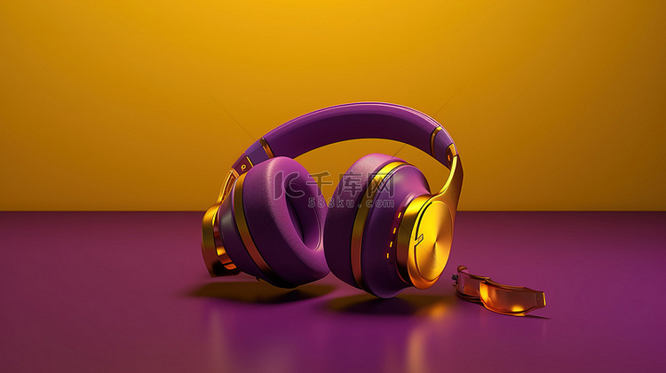 紫色背景下 3D 渲染中的黄色耳机