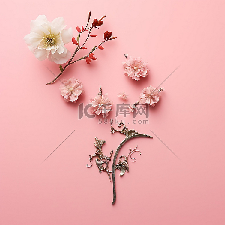 中国书法与粉红色纹理背景上的花