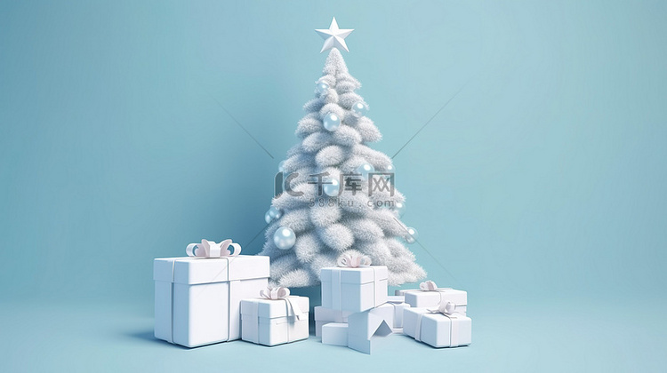 蓝色背景下带圣诞树的假日主题白