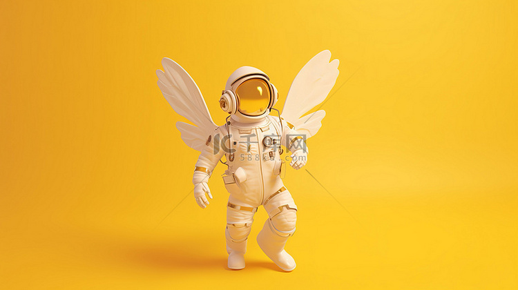 黄色背景下带翅膀的宇航员的 3