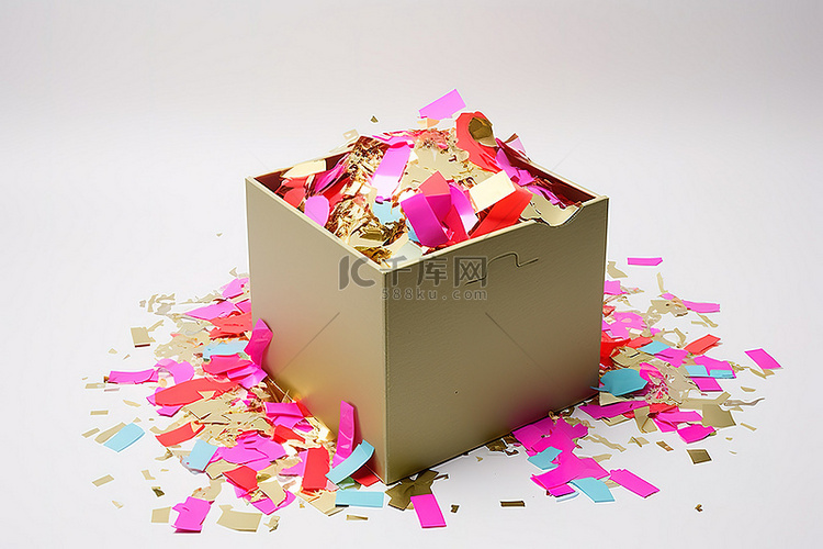 金盒五彩纸屑包装，配有彩色五彩