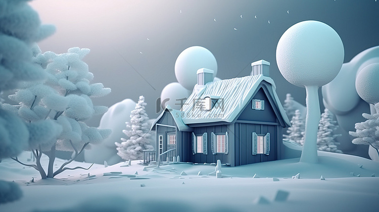 抽象冬季自然之家的 3D 卡通