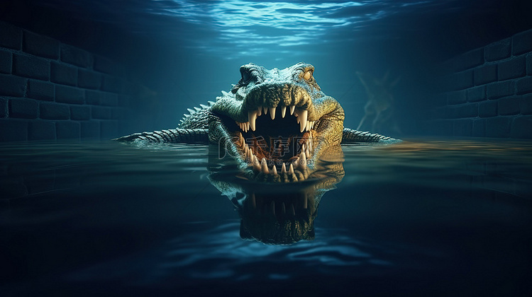 鳄鱼跳入水坝的 3D 渲染图像