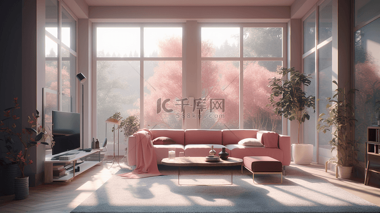 粉色沙发落地窗家具家居客厅背景