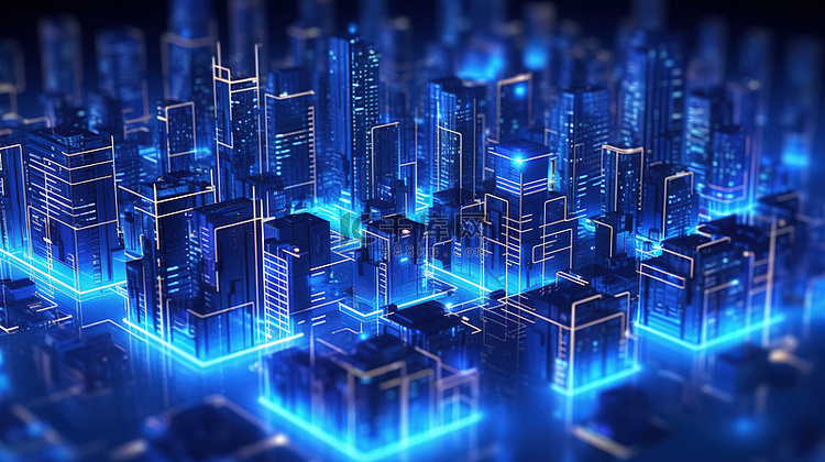 霓虹蓝色的未来城市景观 3D 