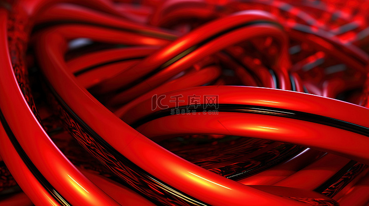 弯曲红色电缆的抽象 3D 渲染