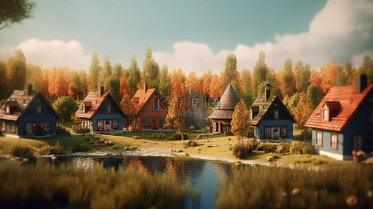 风景如画的小屋社区的 3d 渲染