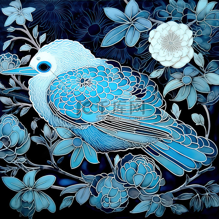 一只白镴鸟和一朵蓝色的花被包围