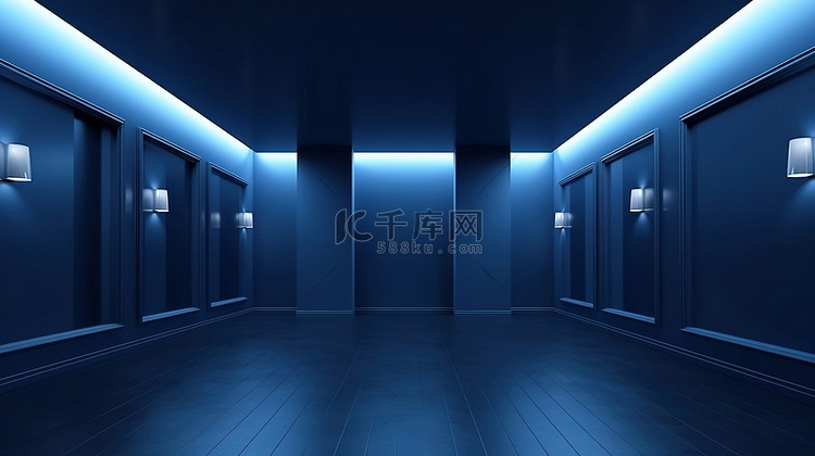带有空屏幕的深蓝色房间的 3D