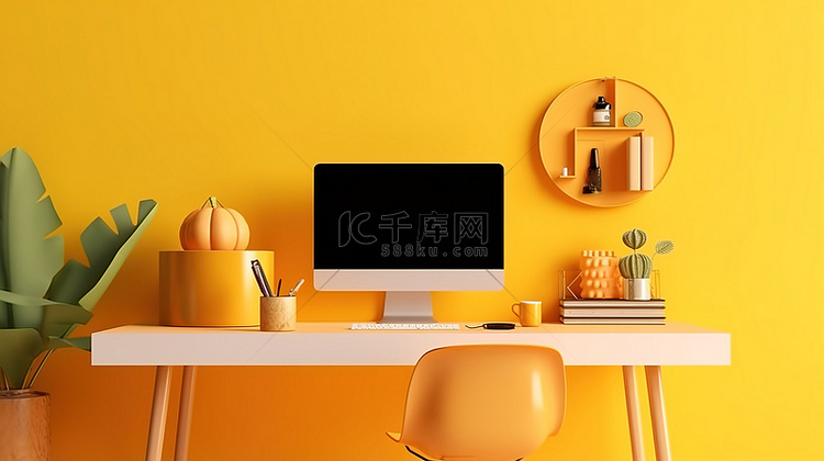 黄墙上的现代工作区桌面电脑模型
