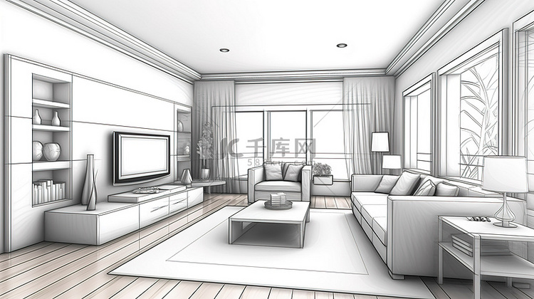 现代住宅客厅室内素描设计和 3