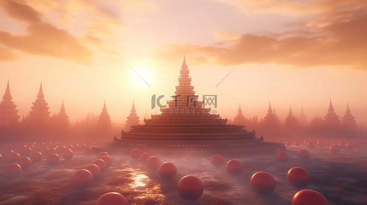 佛教宝塔的宁静日落场景，披着蓬