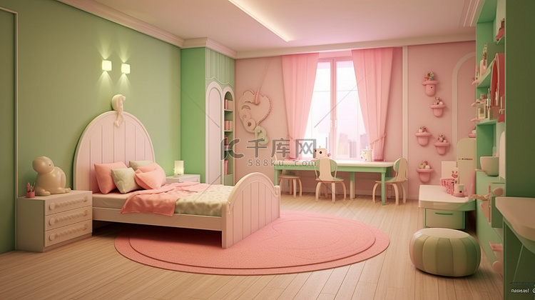 开心果和粉红色主题的儿童房，配