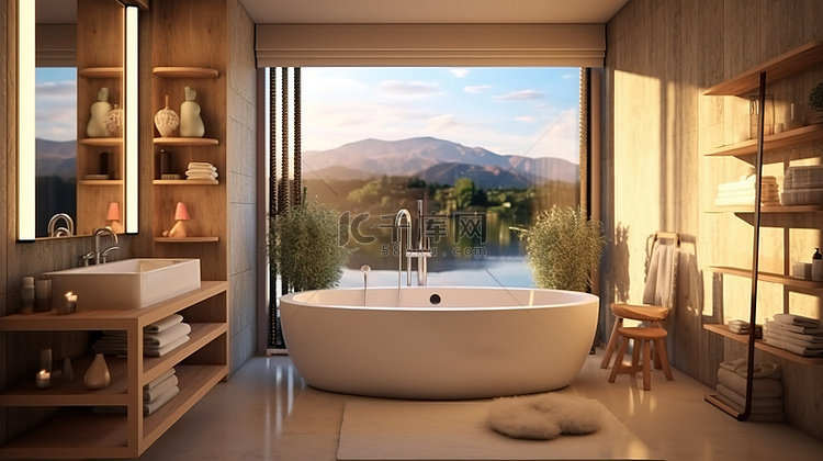 宽敞的室内浴室设计的 3D 渲