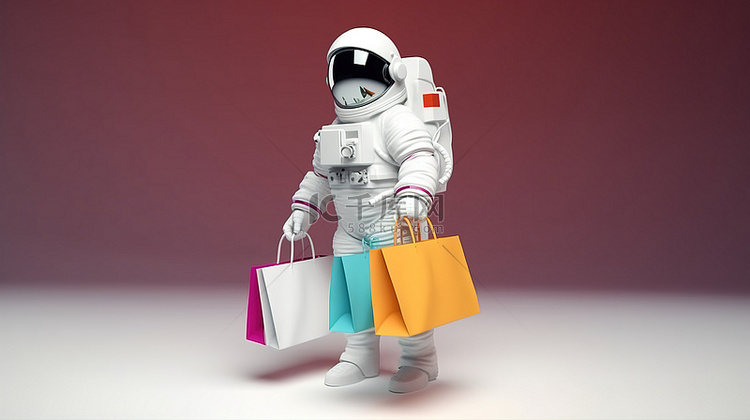 宇航员携带购物袋的 3D 渲染
