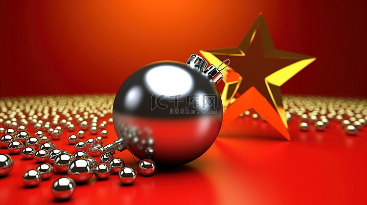 金色银球和星星装饰品，用于红色