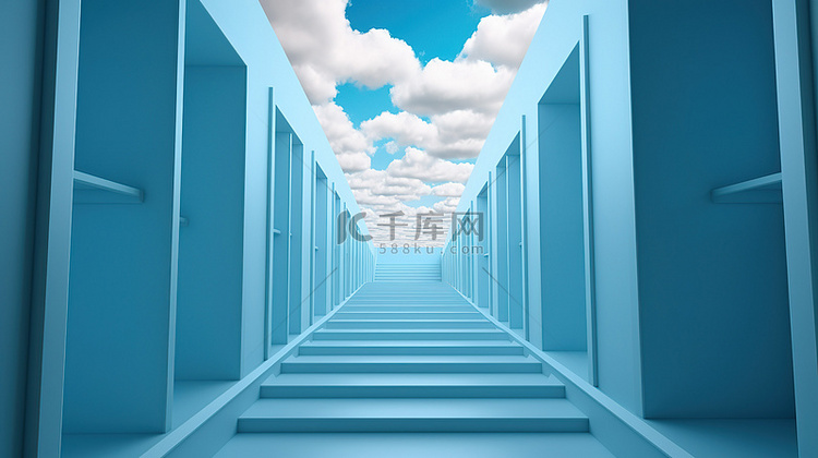 白云点缀 3D 渲染的蓝色楼梯走廊