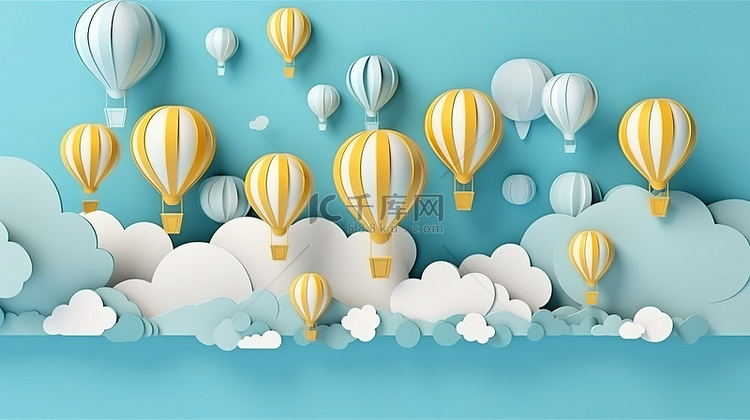 漂浮气球和多云天空的剪纸风格的