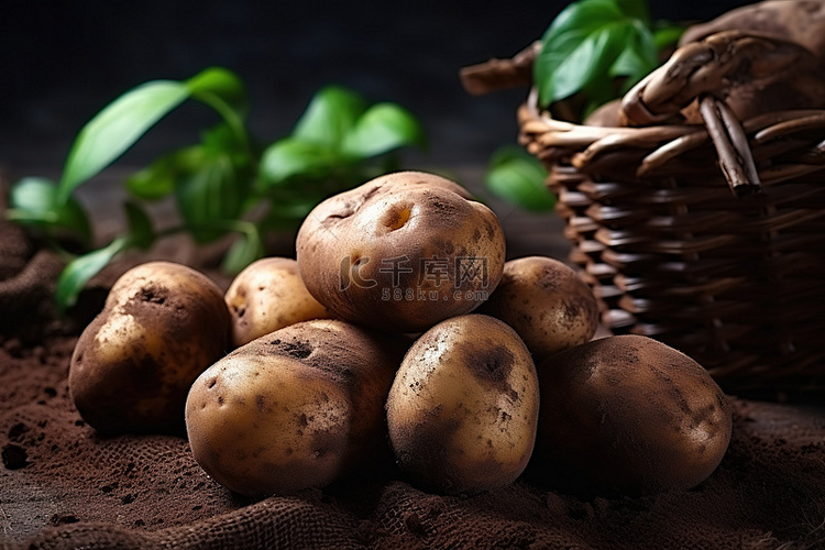 一些土豆放在土壤上的小篮子里