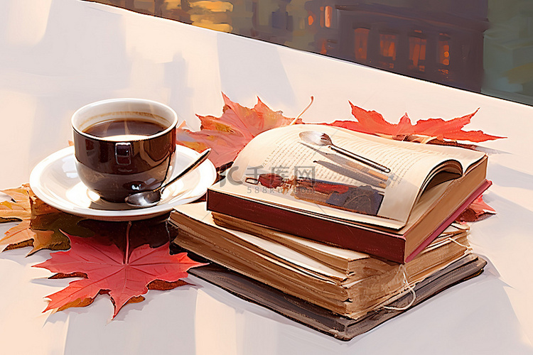 坐在咖啡馆里，拿着书和一杯咖啡