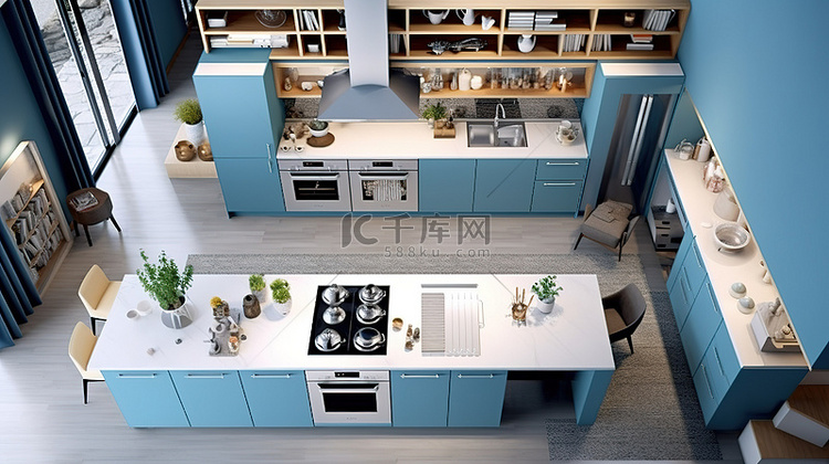 蓝色厨房的当代内部空间 3D 透视