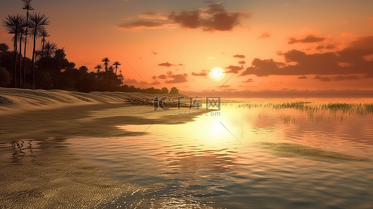 黎明时沙山和水的 3D 插图，