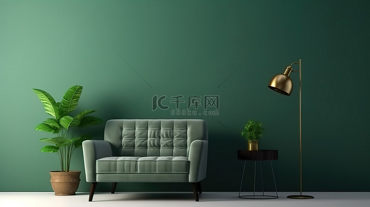 室内客厅空深绿色墙壁与扶手椅的