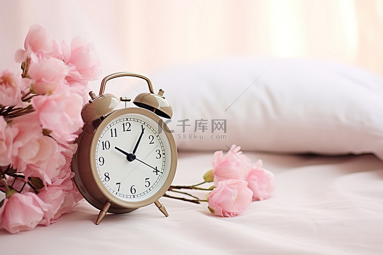 床上有闹钟和鲜花