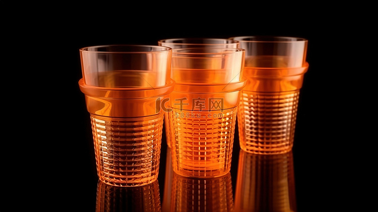 黑色背景上堆叠的橙色塑料饮料杯