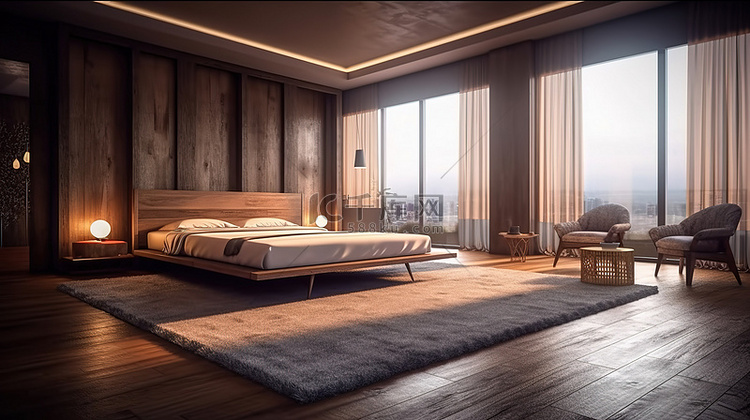 宁静宽敞的酒店房间 3D 渲染杰作
