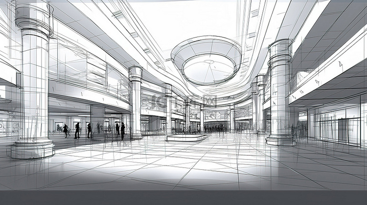购物中心地形的 3D 渲染草图轮廓