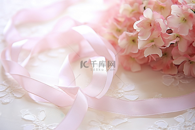 幸福的婚礼丝带与粉红色的花朵照