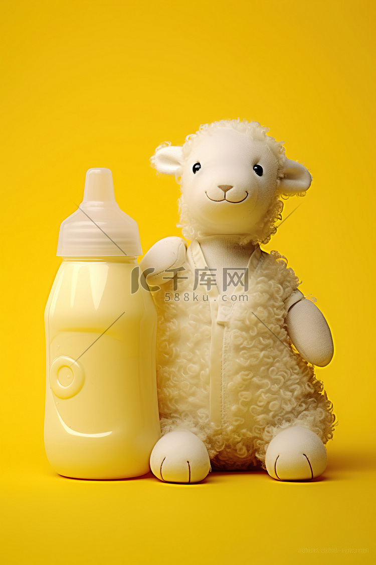 两只可爱的小羊和一瓶牛奶