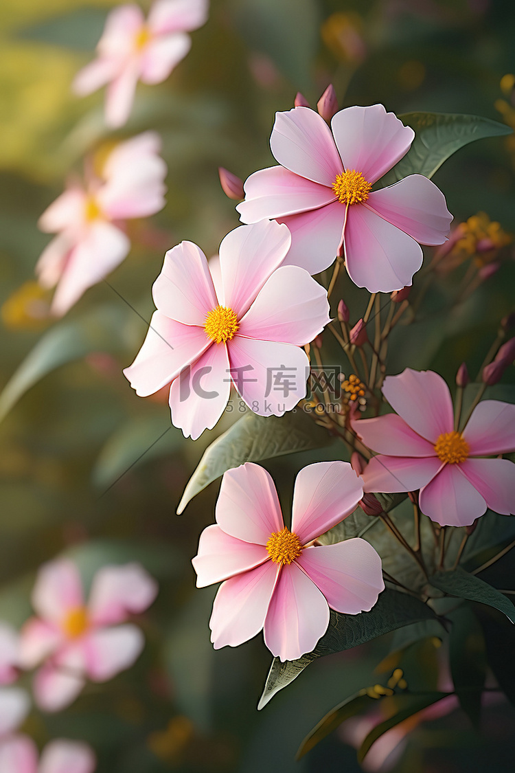 许多芬芳的粉色和黄色花朵簇