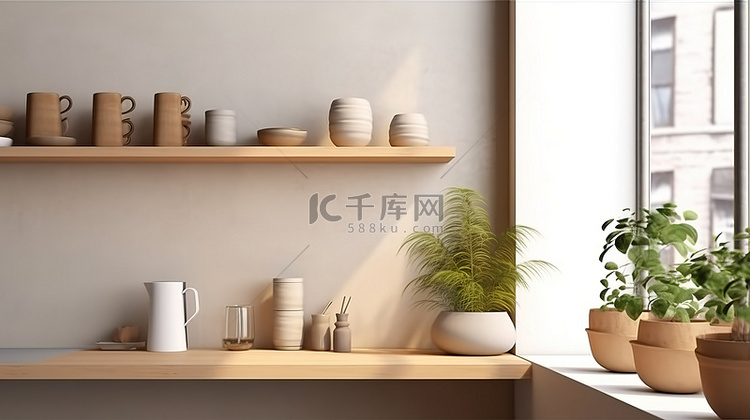 现代米色风格的厨房室内模型，具
