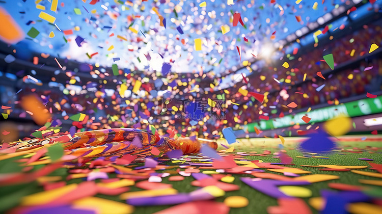 足球场幸福 3d 渲染五彩纸屑庆祝