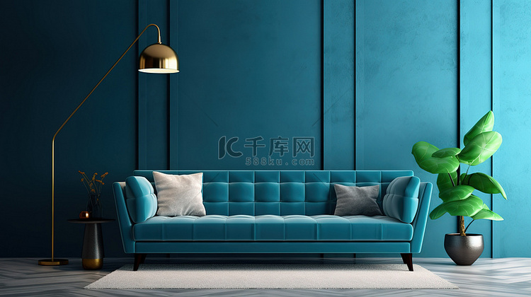 现代客厅内部蓝色沙发的 3D 渲染