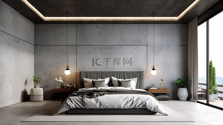 带灰色灰泥墙的简约风格现代卧室