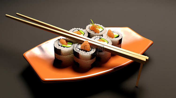 寿司卷和手中的筷子的 3D 插图