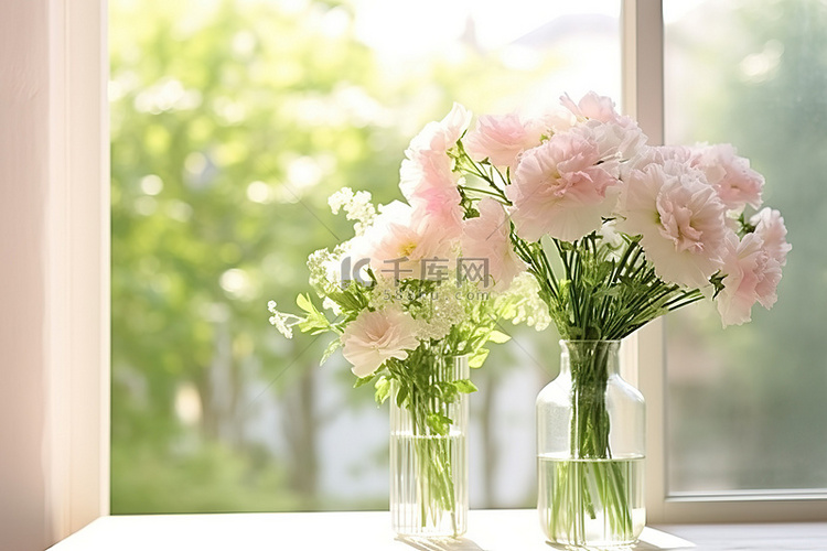 白色或粉色的花朵漂浮在窗户附近