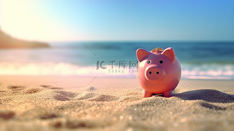 海边沙滩上的粉色存钱罐的 3D