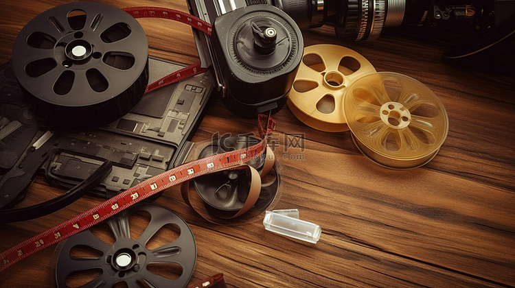 木质背景上的电影设备拍板胶片卷