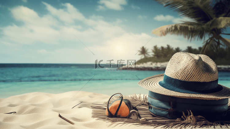 大海沙滩太阳帽椰子树旅行广告背
