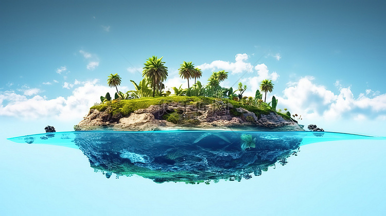 海洋中热带岛屿绿洲的壮观 3D