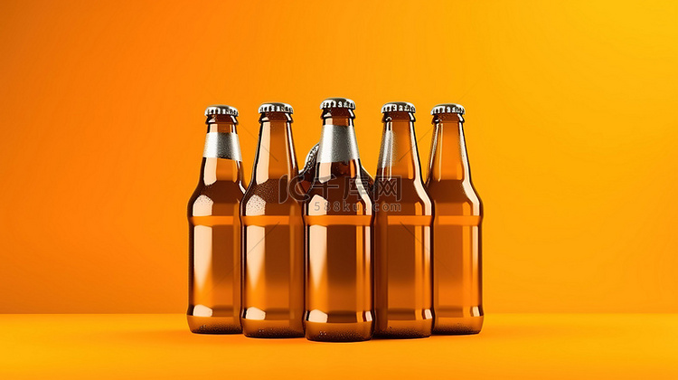橙色背景上一包六个单色啤酒瓶的